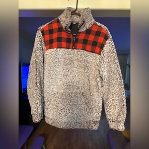 Women’s Cozy Sherpa Fleece Pullover with Red Plaid Accent